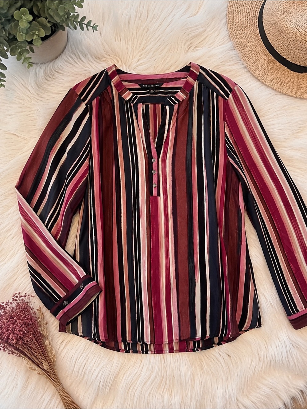 💗🖤💙Zac & Rachel Striped Blouse Size Large Pink Burgundy Navy Long Sleeve Top💗💙🖤